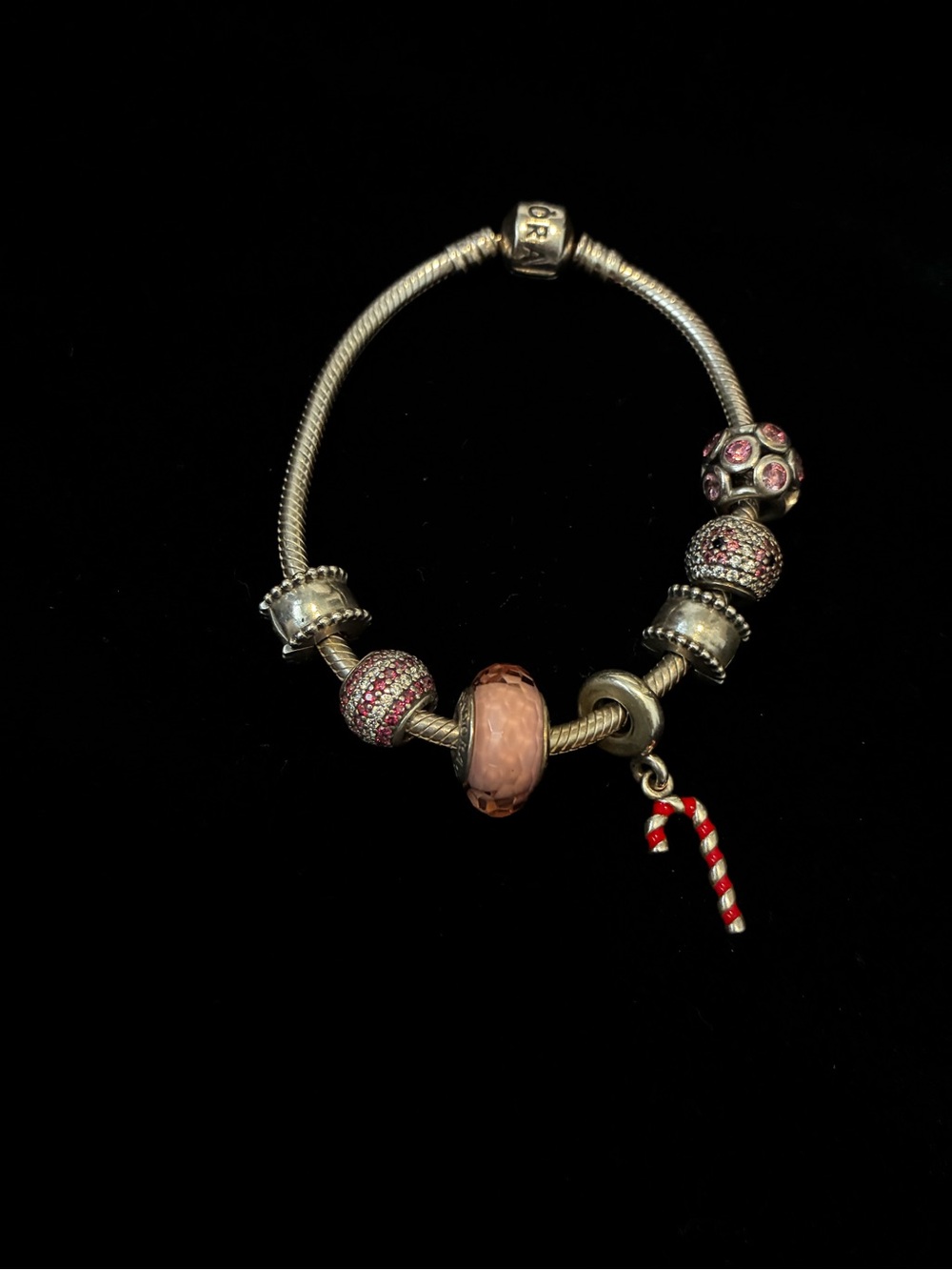 Pandora Sterling Silver Bracelet with 5 Pink, Red & White Charms & 2 Spacers